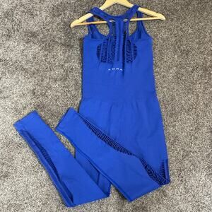 KORAL Activewear Jumpsuit Shredded Pool Blue Size Medium Strappy Gym Workout